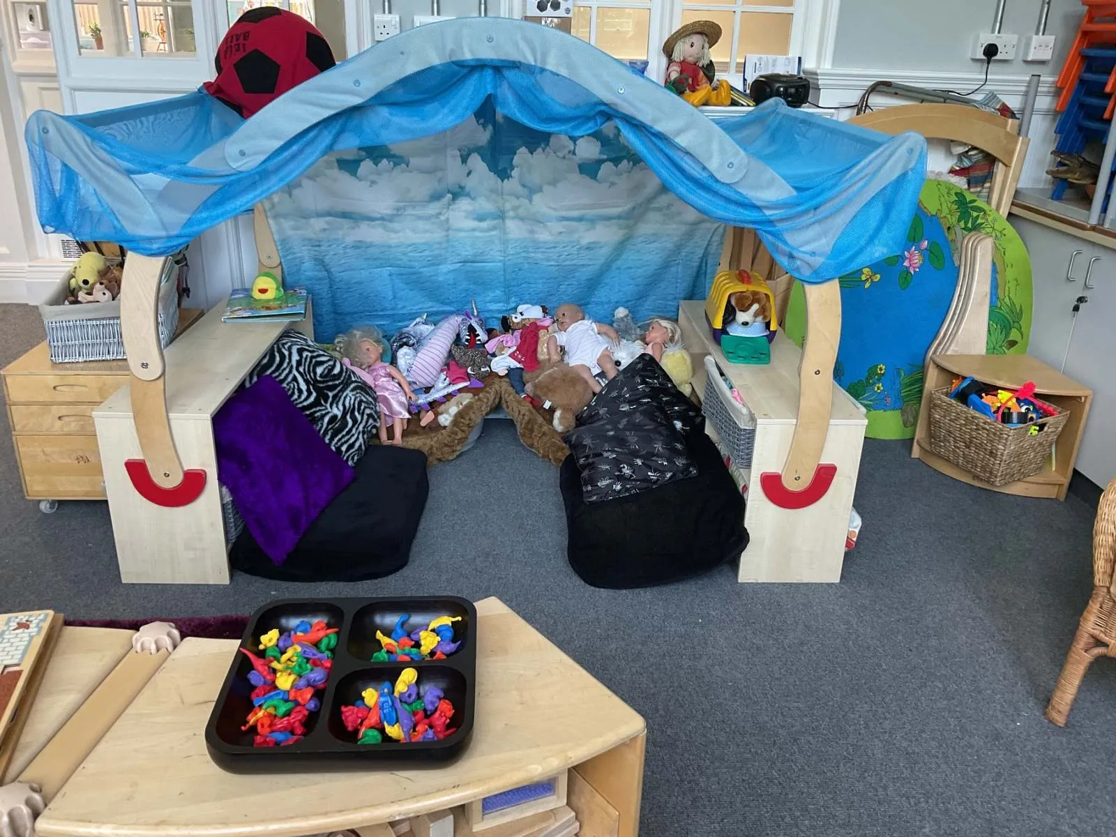 Soft play den and role play area in the 2 year old room, Ysgol Feithrin Y Trallwng, Welshpool